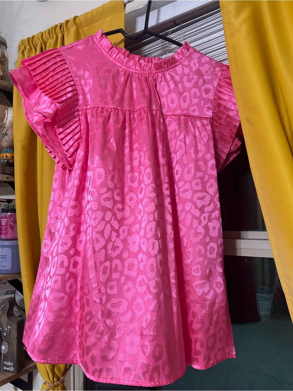 Bright Pink Satin Leopard Print Flutter Sleeve Top